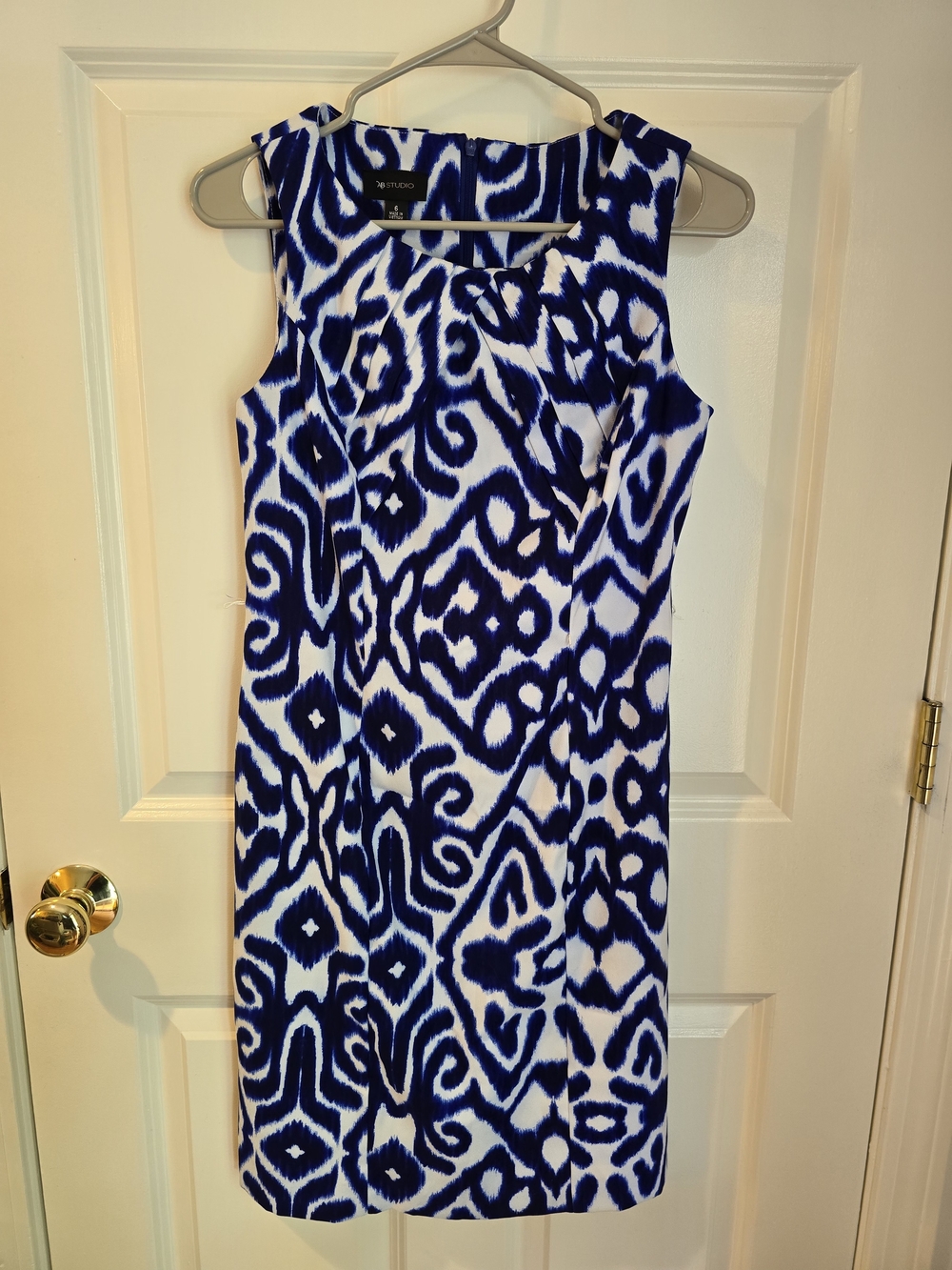 AB Studio Blue and White Sleeveless Midi Sheath Dress